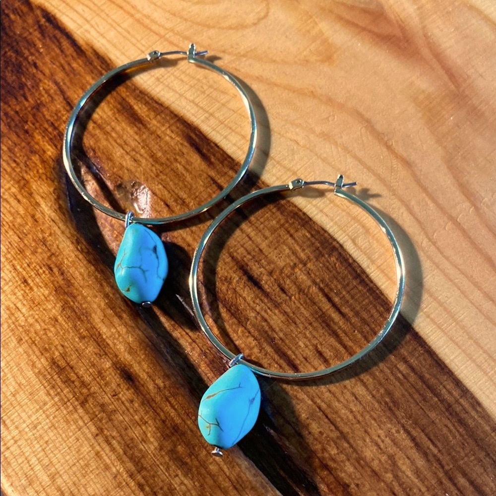 GOLD Hoop Earrings with Turquoise Charm